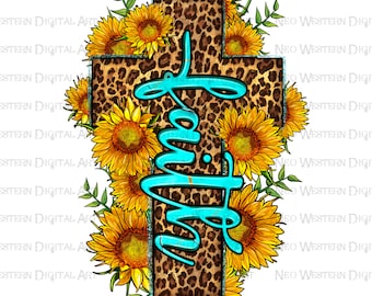 Faith sunflower leopard cross png sublimation design download, Christian png, Faith png, western cross png, sublimate designs download