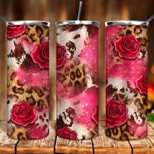 Leopard cowhide pink glitter rose tumbler png 20oz tumbler sublimation design download, western tumbler png, sublimate designs download