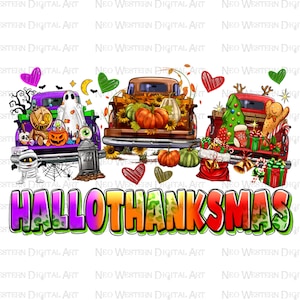 Happy Hallothanksmas trucks png sublimation design, Merry Christmas png, Thanksgiving png, Happy Halloween png, sublimate designs download