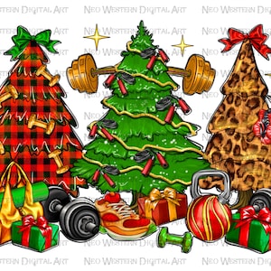 May include: Three Christmas trees decorated with fitness equipment. The tree on the left is red and black plaid with dumbbells, the middle tree is green with jump ropes and weights, and the tree on the right is leopard print with boxing gloves. There are also presents, a yoga mat, a kettlebell, and a pair of running shoes.
