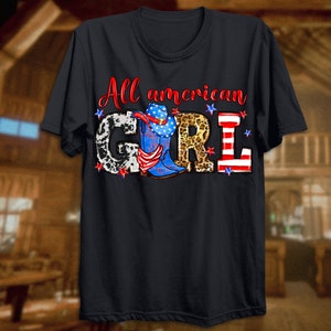 May include: Black t-shirt with the text "All american girl" in white letters. The letters are decorated with cow print, leopard print, and an American flag.
