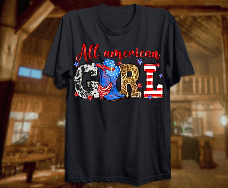 May include: Black t-shirt with the text "All american girl" in white letters. The letters are decorated with cow print, leopard print, and an American flag.