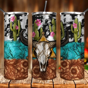 Western bull skull with cactus tumbler png 20oz tumbler sublimation design download, bull skull png, western tumbler png, sublimate download