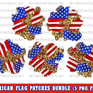 May include: Five digital clipart images of American flag patches with a leopard print background. The patches are in various shapes and sizes, with the red, white, and blue colors of the flag visible.