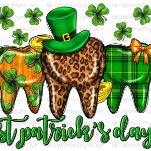 May include: Three cartoon teeth decorated for St. Patrick's Day. The tooth on the left is orange with green shamrocks, the middle tooth is brown with a leopard print, and the tooth on the right is green with a plaid pattern. A green leprechaun hat sits on top of the middle tooth.