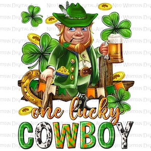 One lucky Cowboy with St. Patrick&#39;s Elf png sublimation design download, St. Patrick&#39;s png, St. Patrick&#39;s Cowboy png, sublimate download