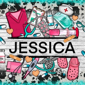 May include: A white wooden background with a black and white cow print pattern. The background has a banner with the name "JESSICA" in black text. The banner is surrounded by various medical supplies, including a stethoscope, a syringe, a thermometer, a blood pressure cuff, a bandage, a pill bottle, a pair of glasses, a nurse's hat, and a pair of pink clogs.