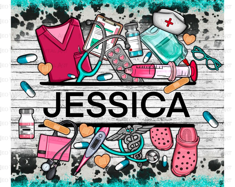 May include: A white wooden background with a black and white cow print pattern. The background has a banner with the name "JESSICA" in black text. The banner is surrounded by various medical supplies, including a stethoscope, a syringe, a thermometer, a blood pressure cuff, a bandage, a pill bottle, a pair of glasses, a nurse's hat, and a pair of pink clogs.