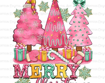 Pink Merry Christmas trees png sublimation design download, Merry Christmas png, Happy New Year png, sublimate designs download