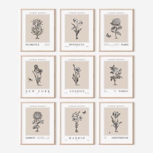 Flower Market, Set of 9, Printable Wall Art, Floral Decor Posters, New York Print, London Print, Paris Print, Digital Download