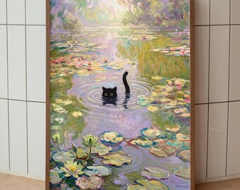 Black Cat Pond Painting, Impressionist Water Lily Art, Whimsical Botanical Print (Digital Download)