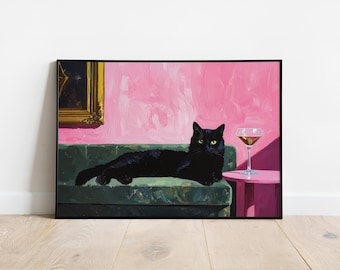 Lámina artística de Martini de Gato Negro: Decoración original para bar de cócteles (Descarga digital)