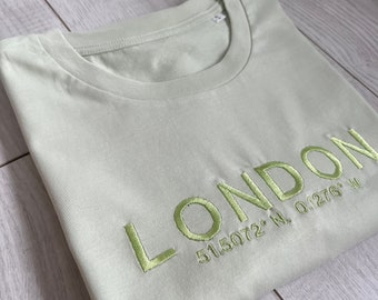 Organic Personalised Embroidered T-shirt Location with Coordinates, Roman Numerals, Unisex, Eco Clothing UK, Unique Gift, Gift for her