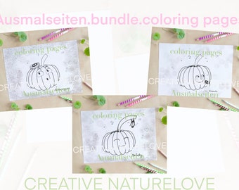 May include: Three black and white coloring pages featuring a pumpkin with a spider on top. The text on the pages reads "coloring pages" and "Ausmalseiten".