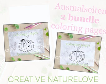 May include: Two black and white coloring pages featuring a pumpkin with a spider on top. The pages are titled "coloring pages" and "Ausmalseiten".