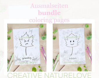 May include: Two coloring pages featuring a cartoon leaf. One leaf has an angry expression and the text "grantig" (German for grumpy) and the other leaf has a happy expression and the text "fröhlich" (German for happy). Both pages have the text "Ausmalbilder" (German for coloring pages).