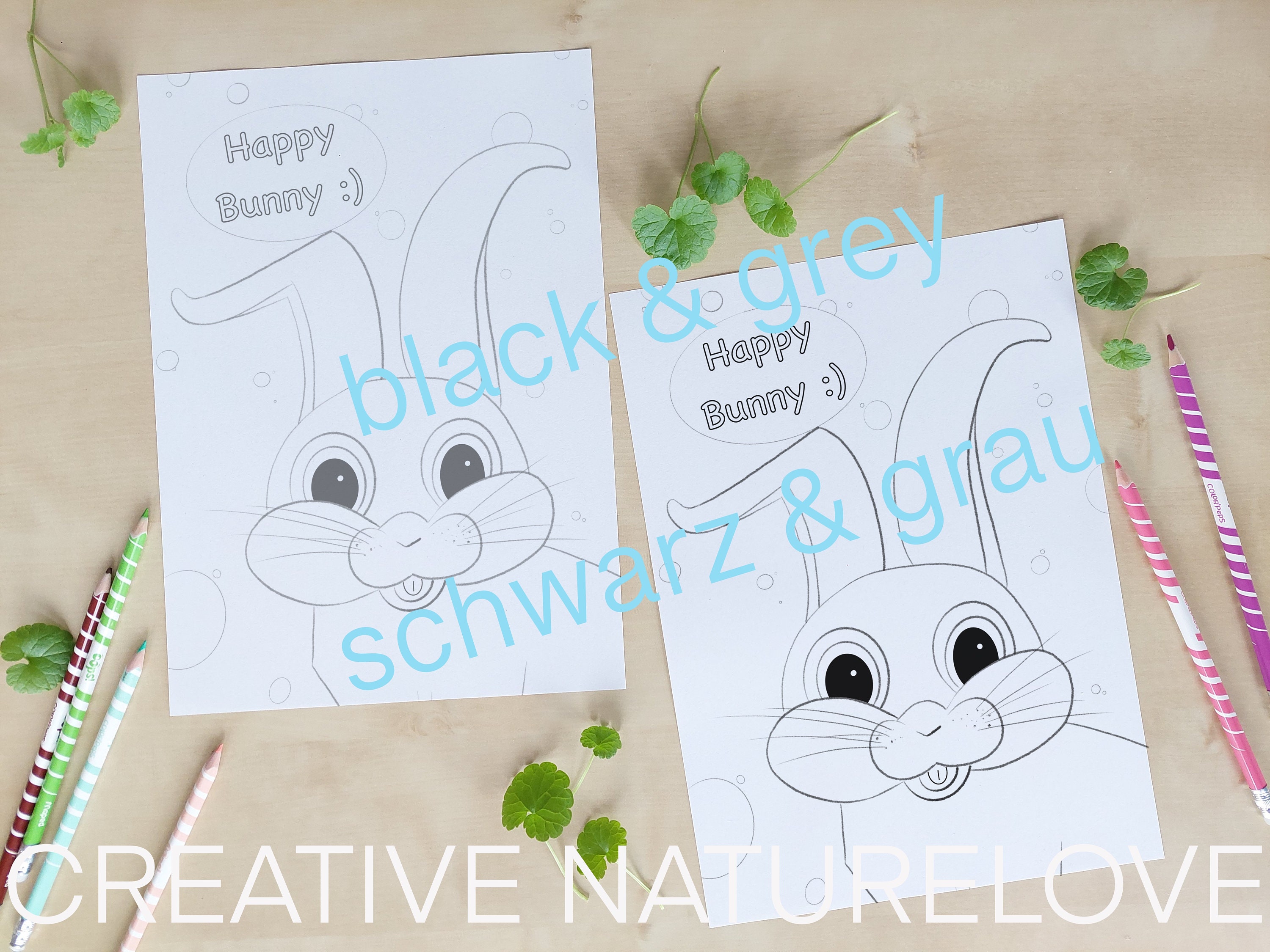 Coloring Page Happier Bunny Cute Rabbit Drawing of Pets Digital
