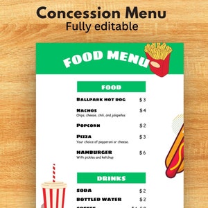 Editable Concession Stand Menu Instant Download Canva Template Volunteer Movie Night Basketball Football Soccer Baseball Game Food Vendor