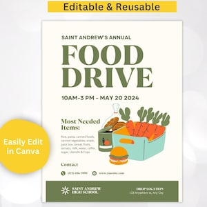 Community Food Drive Flyer Editable Template Church Drive Neighborhood School Charity NonProfit Event Poster Groceries Donation Canva PTA