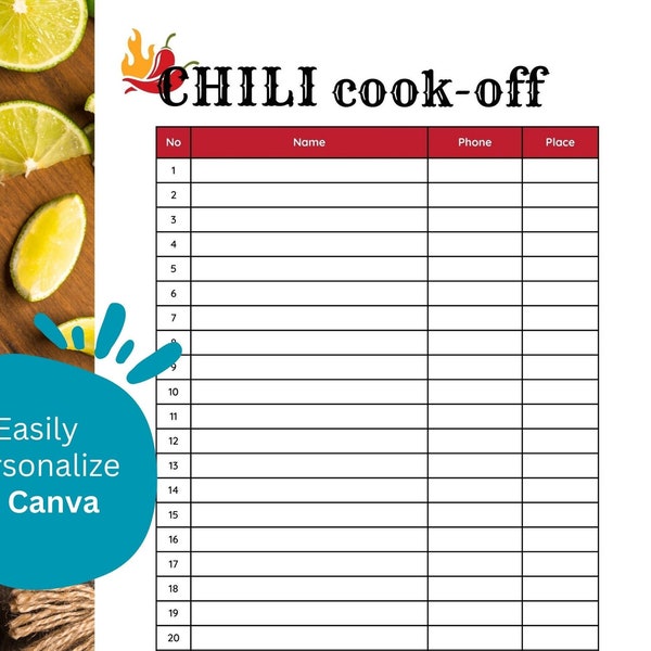 Easily Editable Chili Cook Off Sign Up Sheet, Chili Competition, Canva Template, Chili Competition Signup Sheet