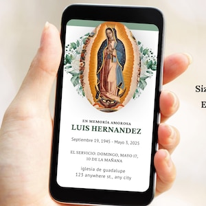 Spanish Funeral Evite Tarjeta Funebre En Memoria de Funeral Mass Invitation en Español Editable Anuncio Canva Template Virgin de Guadalupe