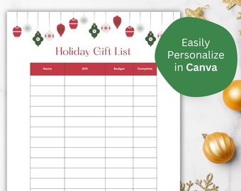 Liste de cadeaux de Noël, liste d’achats de Noël Liste de contrôle de Noël Planificateur de vacances Liste de Noël Digital Christmas Gift Tracker Gift Tracker