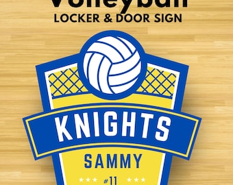 May include: A blue and yellow shield-shaped locker and door sign featuring a white volleyball graphic, the text Volleyball LOCKER & DOOR SIGN, KNIGHTS, SAMMY, and the number 11 with stars. The design uses bold colours and clear typography.