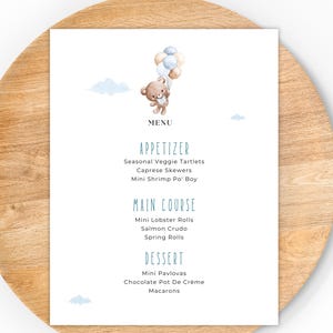 Blue Baby Menu Template, Blue Baby Shower Table Menu, Blue Baby Birthday Table Menu Printable, Canva Template, Teddy Bear Boy Baby Shower
