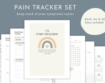 May include: A printable pain tracker set featuring a rainbow design. The set includes a daily pain tracker, a weekly notes page, and a monthly calendar. The text "My Pain Tracker" is at the top of the page. The quote "Although the world is full of suffering, it is full also of the overcoming of it." is below the rainbow design.