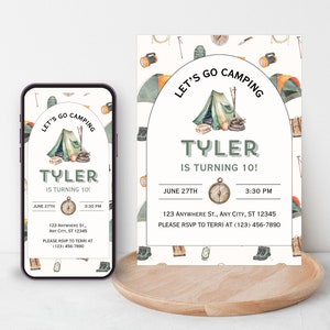 Invitation d'anniversaire de camping pour enfant, modèle modifiable sur toile, invitation illustrée, invitation de camp pour garçons, fête d'anniversaire, invitation électronique sans papier, à l'extérieur