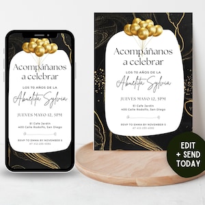Birthday Invitation in Spanish, Acompáñanos A Celebrar Español Invite Cumpleaños Evite Black gold E-vite Her His Birthday Fiesta Feliz Día