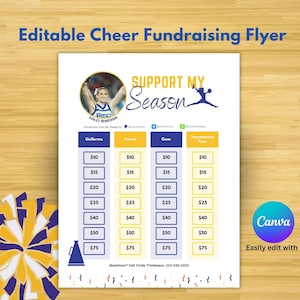 Editable Cheerleader Fundraiser Template Cheer Competition Sheet Support my season Sponsor my team Easy fundraising idea Cheerleading Dance