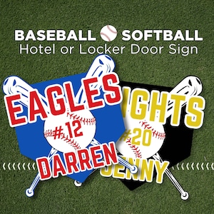 Bearbeitbares Baseball Softball Türschild Canva Vorlage High School Turnier Reiseballspiel Angepasste Türschilder für die Baseballmannschaft TBall