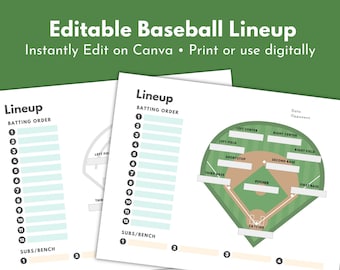 EDITABLE Baseball Lineup Card Template, Editable Batting Order Sheet, Softball Dugout Roster, Canva Printable Coach Forms