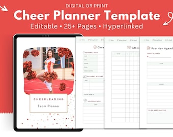 Peut inclure: Un modèle de planificateur numérique pour les équipes de cheerleading. La couverture présente une pom-pom girl en uniforme rouge et blanc avec des pompons. Le planificateur comprend des sections pour les informations générales, l'historique des paiements, l'agenda des entraînements et les informations sur l'uniforme.