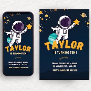 Invito stampabile + digitale per la festa di compleanno dell'astronauta, invito elettronico modificabile senza carta per bambini, biglietto di auguri per la festa di compleanno nello spazio.