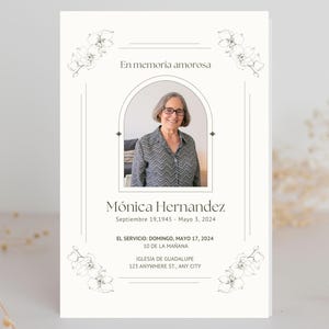 May include: A memorial card with a photo of a woman, framed by an arch and floral illustrations. The card includes the text "En memoria amorosa" and the name "Mónica Hernandez" with dates. Additional text provides service details.