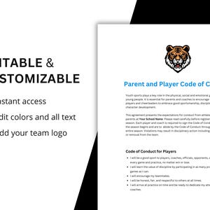 K&ouml;nnte beinhalten: Editierbare und anpassbare Vorlage f&uuml;r einen Eltern- und Spieler-Verhaltenskodex. Das Dokument enth&auml;lt eine Tiger-Maskottchen-Grafik und Text, der die Verhaltensrichtlinien f&uuml;r Sportler und Eltern darlegt.