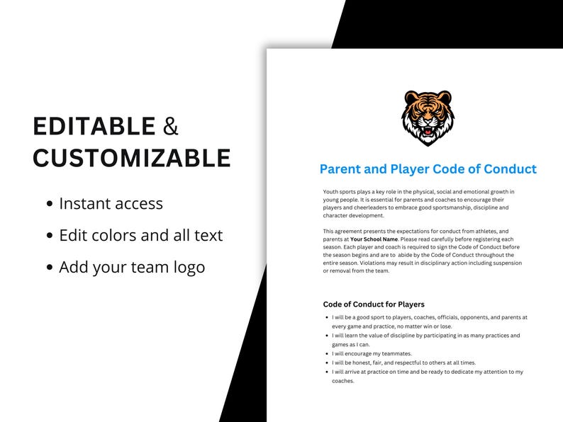K&ouml;nnte beinhalten: Editierbare und anpassbare Vorlage f&uuml;r einen Eltern- und Spieler-Verhaltenskodex. Das Dokument enth&auml;lt eine Tiger-Maskottchen-Grafik und Text, der die Verhaltensrichtlinien f&uuml;r Sportler und Eltern darlegt.