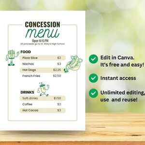 3 Editable Concession Menus, Canva Template, Team Mom, Volunteer Movie ...