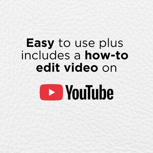 Peut inclure: Un fond blanc textur&eacute; avec du texte noir indiquant Easy to use plus includes a how-to edit video on YouTube, accompagn&eacute; du logo YouTube rouge et blanc. Le texte est centr&eacute; et clairement lisible sur la surface blanche.