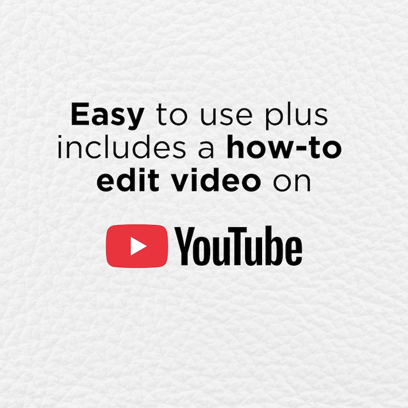 Peut inclure: Un fond blanc textur&eacute; avec du texte noir indiquant Easy to use plus includes a how-to edit video on YouTube, accompagn&eacute; du logo YouTube rouge et blanc. Le texte est centr&eacute; et clairement lisible sur la surface blanche.