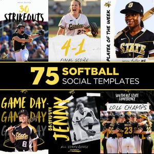75 postów o softballu w mediach społecznościowych PLUS historie, edytowalne szablony Canva, pakiet grafik drużynowych na Instagramie na dzień meczu