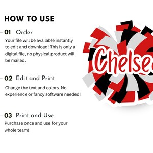 Peut inclure: Un graphique num&eacute;rique pr&eacute;sentant une illustration de pom-pom de cheerleading rouge, noir et blanc avec le nom Chelsea &eacute;crit en police cursive blanche au centre. Le texte HOW TO USE, 01 Order, 02 Edit and Print, et 03 Print and Use est inclus.