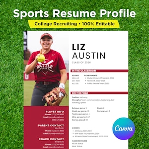 Resume Template for College Recruiting Student Athlete Editable in Canva Player Showcase Sports Athletic Profile Sheet