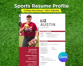 Può includere: Un modello di curriculum sportivo con il testo Sports Resume Profile, College Recruiting, 100% Editable e Canva. Il documento include una foto di una giocatrice di softball, sezioni per i risultati scolastici, le statistiche e i contatti.