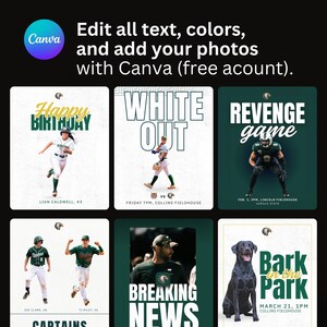 May include: A digital template collection featuring six distinct sports-themed graphic designs with green, white, and black color schemes. The layouts include text such as Happy Birthday, White Out, Revenge Game, Breaking News, and Bark in the Park.