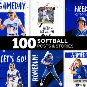 Könnte beinhalten: Eine Sammlung von Social-Media-Beiträgen und -Storys zum Thema Softball. Die Bilder zeigen Actionaufnahmen von Spielern in blau-weißen Uniformen, zusammen mit Textüberlagerungen wie "GAMEDAY", "HOMERUN!" und Spieldetails. Der zentrale Text lautet "100 SOFTBALL POSTS & STORIES."