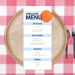 Modèle modifiable de menu de réduction sur pied, menu du dîner d'anniversaire de basket-ball, menu banquet de basket-ball, basket-ball numérique, téléchargement immédiat sur toile