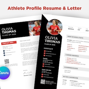 Athlete Profile Sheet and Cover Letter Editable College Resume Recruiting Canva Template Sport Baseball Football Softball Senior Player Stat